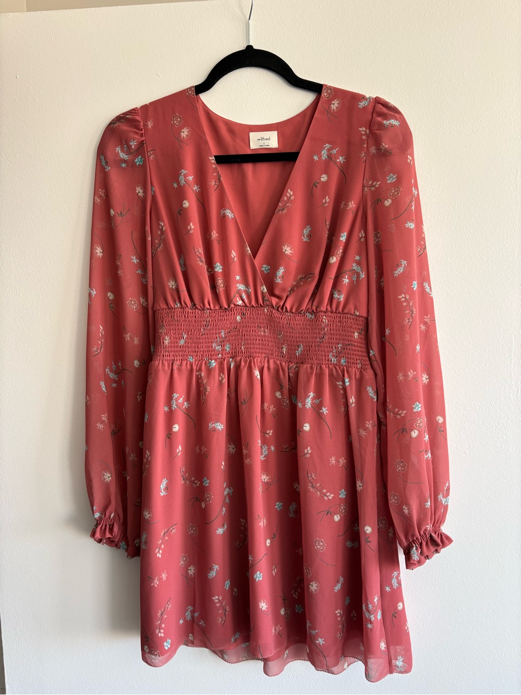 Aritzia Wilfred Floral Long-Sleeve Smocked-Waist Mini Dress - Size Small